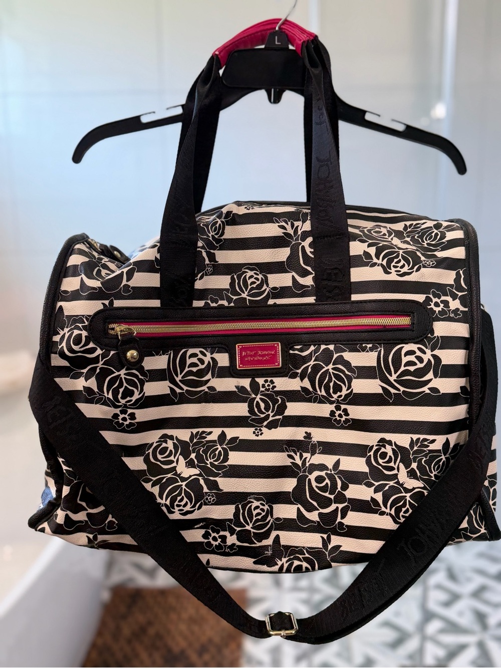 Betsey Johnson Black & White Rose Stripe Travel Weekender with Pink Accent
